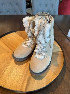 Sam Edelman Beige Suede Lace-Up Fur Trim Boots